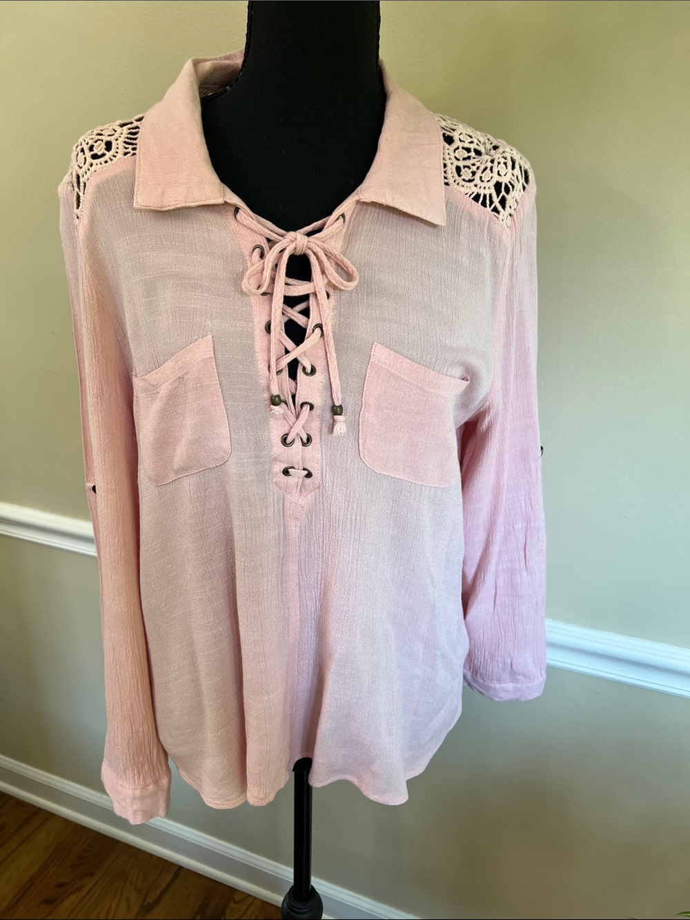 entro Lace-Up Collared Tunic Blouse - Light Pink